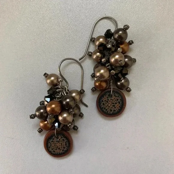 Handmade Freshwater Pearl Earrings, Swarovski Crystals, Millefiori Mosaic Design - Picture 3 of 5